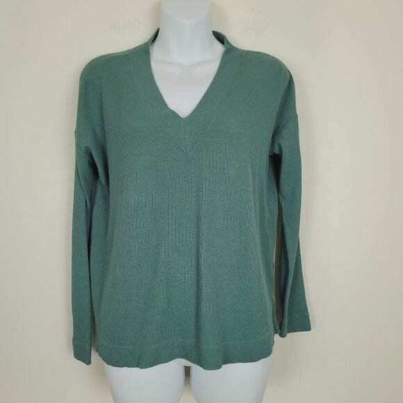 J. Jill Top Women's  Waffle Knit Long Sleeve V-Neck Green Solid Cozy Casual P XS - Picture 6 of 6